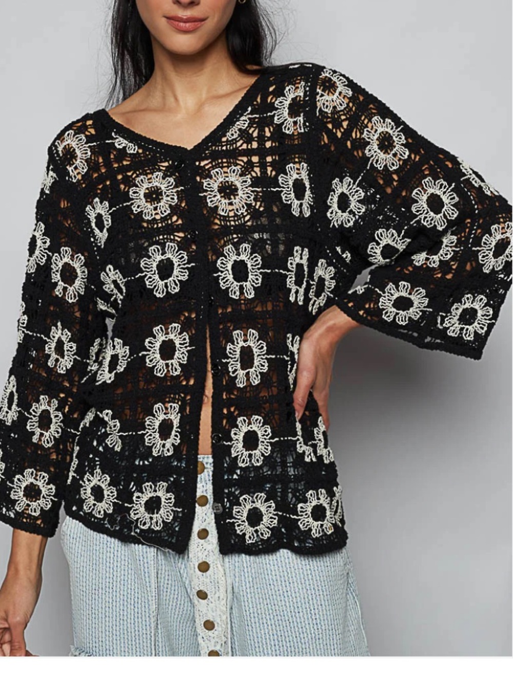 POL Black Cream Floral Crochet Weave V Neck Button Down Cardigan Sweater OS